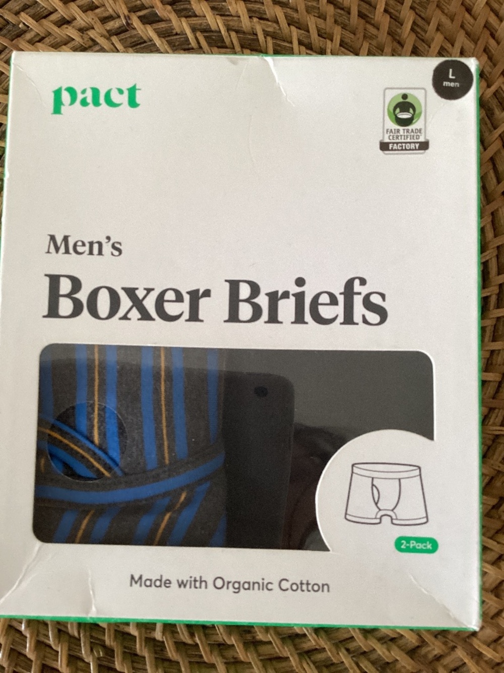 Pact NWT L Men’s Boxer Briefs 2 Pack Cobalt Stripe/Black Organics Cotton Basics